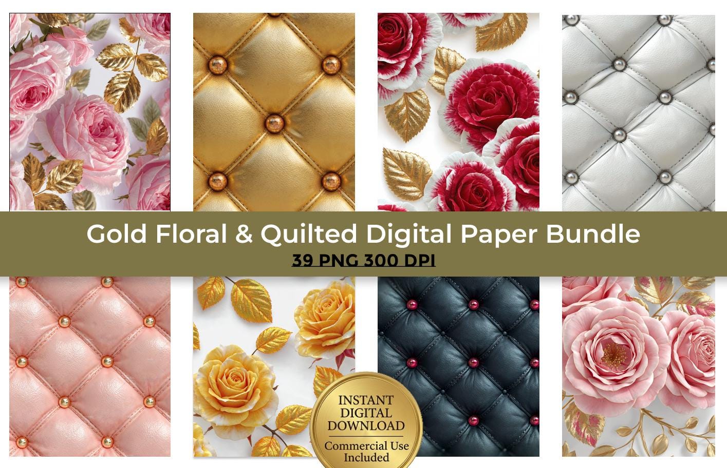 Floral & Quilted Digital Paper Pack, Pink Rose Patterns, Seamless ...