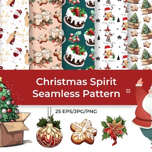 Bundel kerstpatroonpatroon – peperkoek, kerstman, cadeaus en kerstherten – 25 EPS/PNG/JPG