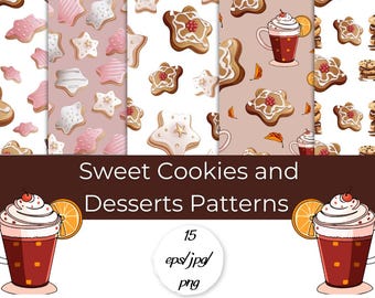 May include: A set of 15 seamless patterns featuring sweet cookies and desserts. The patterns include gingerbread cookies, star-shaped cookies, and hot chocolate with whipped cream. The patterns are perfect for creating festive backgrounds, wrapping paper, or fabric designs.