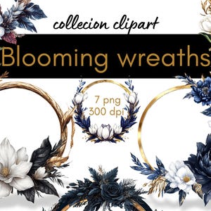 Könnte beinhalten: Ein Set mit 7 digitalen Clipart-Bildern, die Kränze mit weißen und blauen Blumen, goldenen Akzenten und schwarzen Blättern zeigen. Die Kränze sind perfekt, um Ihren Designs einen Hauch von Eleganz zu verleihen.
