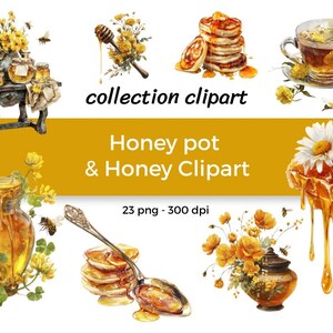 Könnte beinhalten: Aquarell-Illustration von Honig-Clipart. Das Bild zeigt Honigtöpfe, Honigwaben, Pfannkuchen mit Honig, eine Tasse Tee und Blumenarrangements. Der Text "collection clipart" und "Honey pot & Honey Clipart" sind ebenfalls sichtbar.