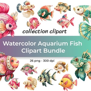 以下が含まれることがあります： 様々なカラフルな熱帯魚を描いた水彩画のクリップアートバンドル。ピンク、緑、黄色、青の色合いの魚のイラストが含まれています。画像には「collection clipart」と「Watercolor Aquarium Fish Clipart Bundle」と書かれています。