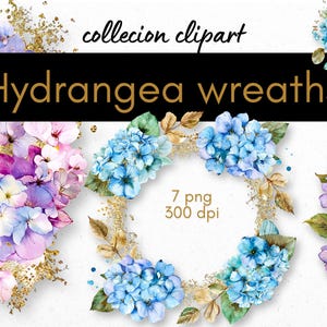 May include: A collection of 7 watercolor hydrangea wreaths with gold glitter accents. The wreaths are perfect for adding a touch of elegance to any project.
