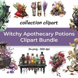 Paquete de imágenes prediseñadas de pociones de boticario de brujas: elixires místicos, calaveras y hierbas - 34 PNG 300 DPI