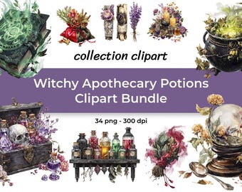Witchy Apothecary Potions Clipart Bundle – Mystical Elixirs, Skull, Herbs - 34 PNG 300 DPI