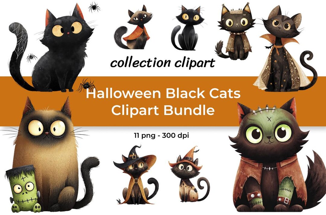 Watercolor Halloween Black Cats Clipart Bundle – Spooky Witch Cats ...