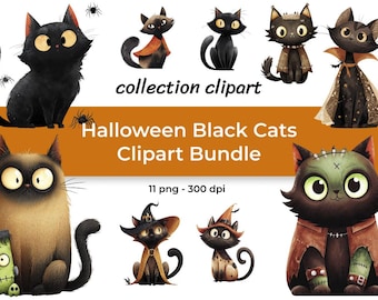 Aquarell Halloween Schwarze Katzen Clipart Bundle - Gruselige Hexen Katzen & Geister - 11 PNG 300 DPI