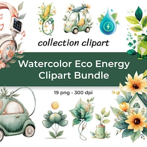 Puede incluir: Paquete de imágenes prediseñadas de acuarela con temas de energía ecológica. Incluye ilustraciones de auriculares, un coche, flores, baterías y una casa con paneles solares. El texto dice "collection clipart" y "Watercolor Eco Energy Clipart Bundle".