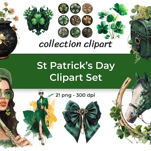 Puede incluir: Un conjunto de imágenes prediseñadas del Día de San Patricio con ilustraciones verdes. Incluye un pote de oro, tréboles, un cofre del tesoro, una cabeza de caballo, una mujer y un lazo. El texto incluye "collection clipart" y "St Patrick's Day Clipart Set".