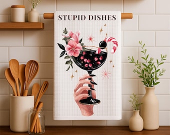 Funny "Stupid Dishes" Kitchen Towel PNG | Retro Cocktail Art (Digital Download)