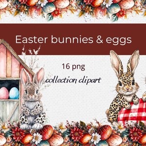 May include: A digital clipart collection of 16 Easter bunnies and eggs. The clipart features two bunnies, one with a red and white checkered heart and the other with a brown and white spotted pattern. The bunnies are surrounded by colorful eggs and flowers.