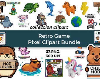 Pixel Art Clipart Bundle PNG, Retro Game Icons, 8 Bit Stickers Pack, Gamer Clipart, Cute Pixel Animals, Kawaii Cricut Sublimation Files