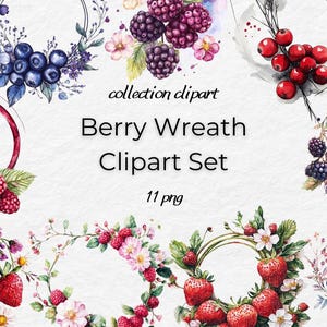 Berry Wreath Clipart Set | 11 PNG Files | Watercolor Botanical Download