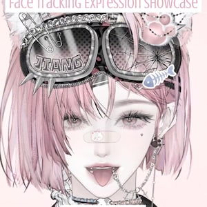 May include: A digital illustration of a character with pink hair wearing goggles with a cracked lens and the text JIANG. The character has a bandage on the nose with a cat icon, a tongue out, and a silver chain attached to the lip. Text reads FACE TRACKING EXPRESSION SHOWCASE and TOUNGE OUT.