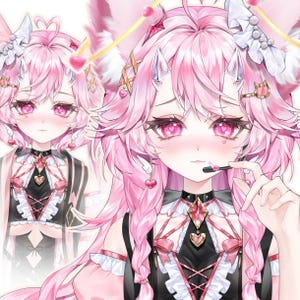 Könnte beinhalten: Eine digitale Illustration einer Figur mit langem rosa Haar, rosa Augen mit herzförmigen Pupillen und kleinen Hörnern. Die Figur trägt ein schwarz-rosa Outfit mit weißen Rüschen, herzförmigen Anhängern und einem rautenförmigen Brustschmuck.