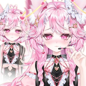 Könnte beinhalten: Eine digitale Illustration einer Figur mit langem rosa Haar, rosa Augen mit herzförmigen Pupillen und kleinen Hörnern. Die Figur trägt ein schwarz-rosa Outfit mit weißen Rüschen, herzförmigem Schmuck und einem goldenen Heiligenschein über dem Kopf.