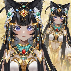 以下が含まれることがあります： 黒髪、猫耳、紫色の目を持つキャラクターのアニメ風イラスト。キャラクターは赤と青の宝石があしらわれた精巧な金のヘッドピース、お揃いの幅広の襟ネックレス、白と金の衣装を身に着けている。