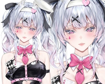May include: An anime-style character illustration featuring a figure with long, wavy white hair, pink eyes, and white rabbit ears. The character wears a black latex-style outfit with a pink heart cutout, a pink necktie, and a playing card accessory.