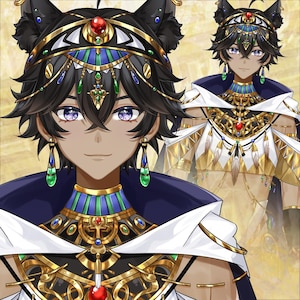 以下が含まれることがあります： 黒髪、猫耳、紫色の目を持つキャラクターのアニメ風イラスト。キャラクターは精巧な金の襟、白いマント、そして赤、青、緑の宝石があしらわれた古代風の装飾品を身に着けており、全体的に華やかな装いとなっている。