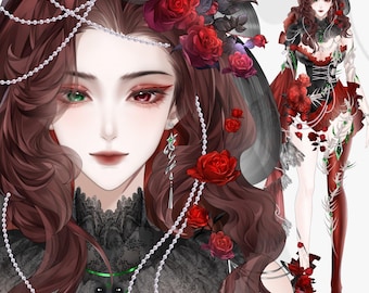 Puede incluir: Una ilustración digital de un personaje con cabello castaño largo y ondulado, un ojo verde y un ojo rojo. El personaje lleva un cuello de encaje negro, un colgante de piedra preciosa verde y un tocado adornado con rosas rojas y perlas.