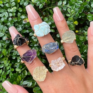 Natural Crystal Rings, Gold/Silver Crystal Rings, Raw Crystal Ring, Healing Crystal Ring, Rose Quartz Ring, Wire Wrap Ring, Gifts For Her