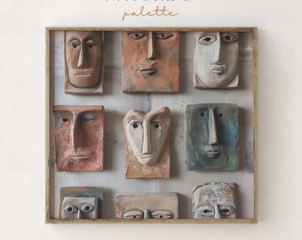 Printable Vintage Neutral Textured Abstract Masks Oil Painting, Antique ...