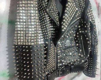 Men’s Gothic Biker Leather Jacket – Brando Style with Long Spikes, Silver Studded Moto Fit, Custom Steampunk Fashion