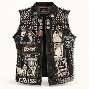 May include: A black denim waistcoat featuring silver metal spikes on the shoulders and sides. The garment is heavily decorated with various band patches, including text reading Disrupt, Doom, and Crass, along with several circular pins and a bullet accessory.