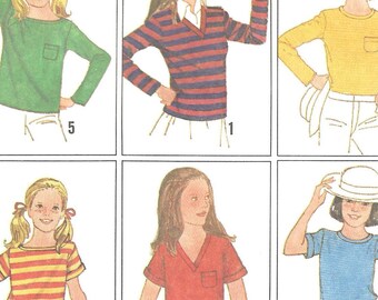 1970s Simplicity 9052 Vintage Sewing Pattern Girls Shirts, Pullover Tops, T-Shirts Size 7-8-10