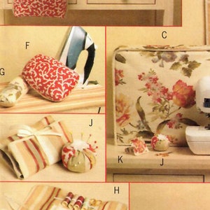 May include: A sewing pattern for a set of sewing accessories, including a sewing machine cover, an ironing board cover, a needle case, and a pincushion. The pattern is from Butterick and is called Waverly.