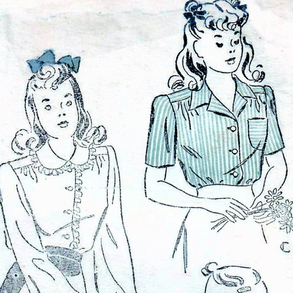 1940s New York 1826 Vintage Sewing Pattern Girls Shirtwaist Blouse, Dressy Blouse, Casual Blouse Size 8