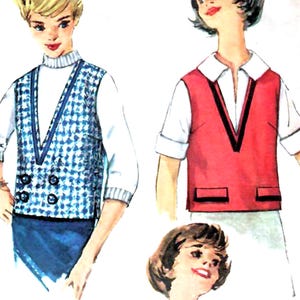 May include: Illustration of four vintage fashion designs. The designs include a blue and white checkered vest, a red vest with black trim, a blue blouse with a bow, and a white blouse with a red tie. The word "Simple" is in the bottom right corner.