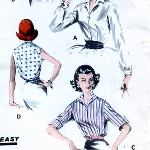 1950s Butterick 8097 Vintage Sewing Pattern Misses Blouse, Shirtwaist Blouse Size 12 Bust 32, Size 14 Bust 34
