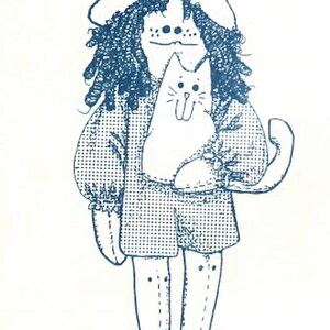 May include: A blue and white illustration of a doll named Abigale, approximately 18 inches tall. The doll wears a hat, dress, shorts, and shoes, and holds a white cat. The text "ABIGALE (18")" is at the top.