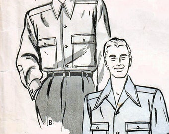 1940s Butterick 3999 Vintage Sewing Pattern Men's Sport Shirt, Casual Shirt Size Medium