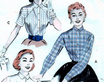 1950s Butterick 6985 Vintage Sewing Pattern Misses Shirtwaist Blouse, Casual Blouse Size 12 Bust 30, Size 16 Bust 34