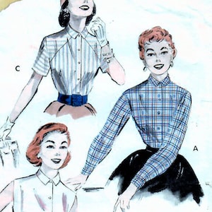 1950s Butterick 6985 Vintage Sewing Pattern Misses Shirtwaist Blouse, Casual Blouse Size 12 Bust 30, Size 16 Bust 34