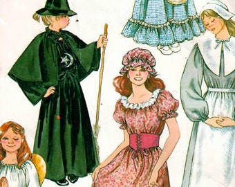 1980s Simplicity 5741 Vintage Sewing Pattern Misses 10-12, Misses 14-16, Girl's Size 6-8 Costumes Witch, Angel, Pilgrim, Prairie, Colonial