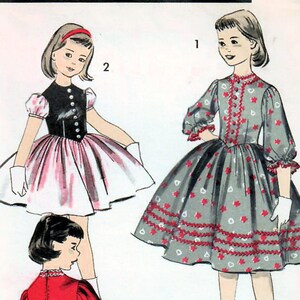 May include: A vintage sewing pattern for a girl's dress. The pattern shows three different styles of dresses, all with a full skirt and a fitted bodice. The dresses are in red, pink, and gray with white accents. The pattern is from Advance, and the pattern number is 8142, size 6.