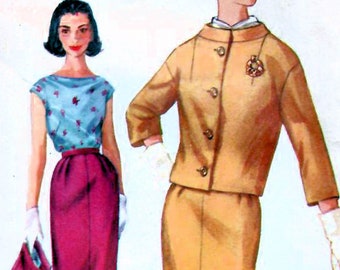 1950s Simplicity 2373 Vintage Sewing Pattern 3 Piece Suit, Box Jacket, Slim Skirt, Blouse Junior Size 11 Bust 31-1/2, Misses Size 14 Bust 34