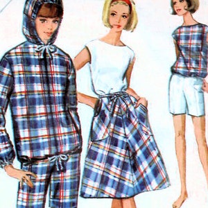 May include: Simplicity sewing pattern number 5336, a printed pattern for a hooded jacket, shorts, skirt, and top. The pattern is for a size 12 with a bust measurement of 32 inches. The pattern is printed on a white background with red and black text. The pattern shows three women wearing the different garments. The jacket, shorts, skirt, and top are all plaid.