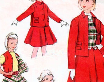1950s Simplicity 4451 Vintage Sewing Pattern Girl's Skirt, Reversible Vest, Weskit, Box Jacket Size 10