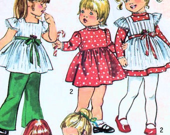1970s Simplicity 5993 Vintage Sewing Pattern Toddler Full Skirt Dress, Long Dress, Smock Top, Pinafore, Pants Size 1, Size 2, Size 3, Size 4