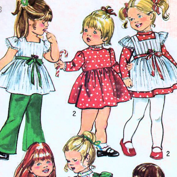 1970s Simplicity 5993 Vintage Sewing Pattern Toddler Full Skirt Dress, Long Dress, Smock Top, Pinafore, Pants Size 1, Size 2, Size 3, Size 4