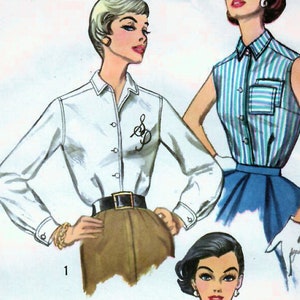 1950s Simplicity 2195 Vintage Sewing Pattern Misses Women Shirtwaist Blouse with Monogram Size Bust 32, Bust 34, Bust 38, Bust 46