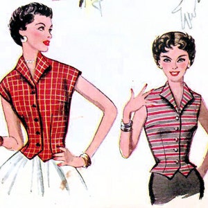 May include: Vintage sewing pattern for a sleeveless blouse with a collar and button closure. The pattern is printed on a white background with illustrations of three women wearing different versions of the blouse. The pattern number is 4533 and the size is 14, bust 32.