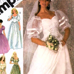 Puede incluir: Un patrón de costura Simplicity para un vestido de novia con escote de corazón y mangas abullonadas. El patrón incluye cuatro estilos de vestidos diferentes, incluyendo un vestido largo blanco con velo, un vestido morado, un vestido azul y un vestido verde.
