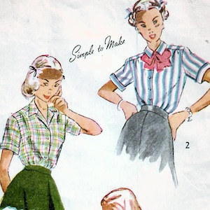 1940s Simplicity 2712 Vintage Sewing Pattern Teen Shirt, Shirtwaist Blouse Size 12 Bust 30