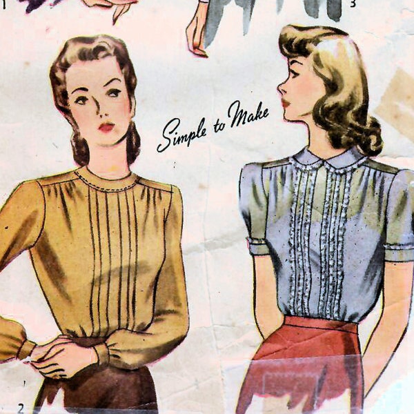 1940s Simplicity 4556 Vintage Sewing Pattern Misses Dressy Blouse, Pin Tucked Blouse Size 14 Bust 32