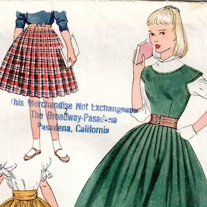1950s Simplicity 4199 Vintage Sewing Pattern Girls Full Skirt Jumper, Full Skirt, Pleated Skirt, Cummerbund Size 7, Size 14